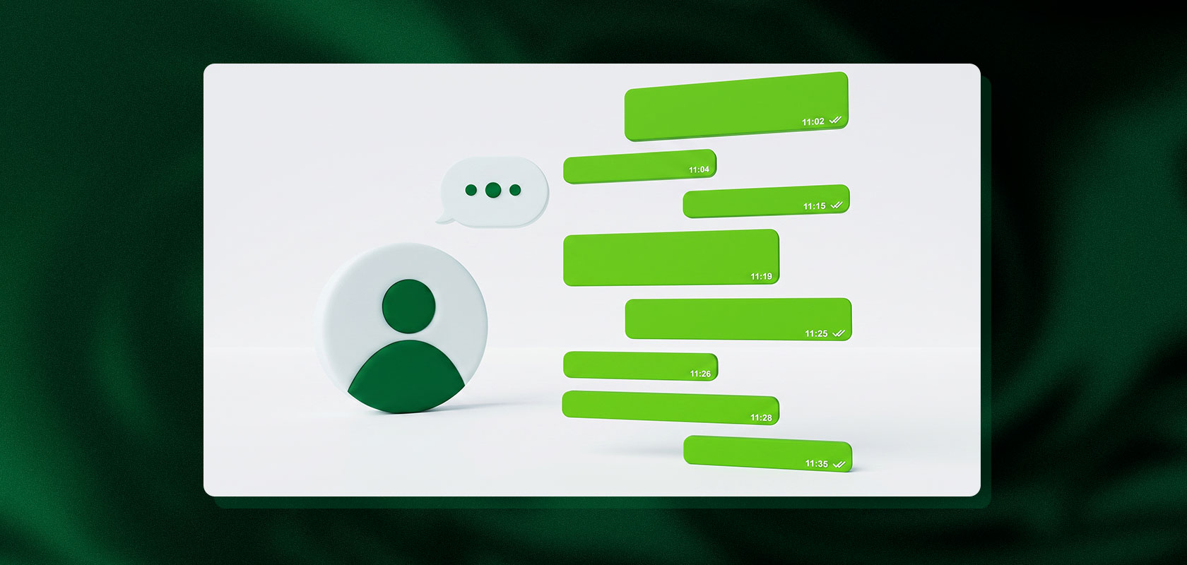 Abstrakte Darstellung einer Chat-Oberfläche mit grünen Sprechblasen und einem Benutzer-Symbol vor einem weiß-dunkelgrünen Hintergrund.