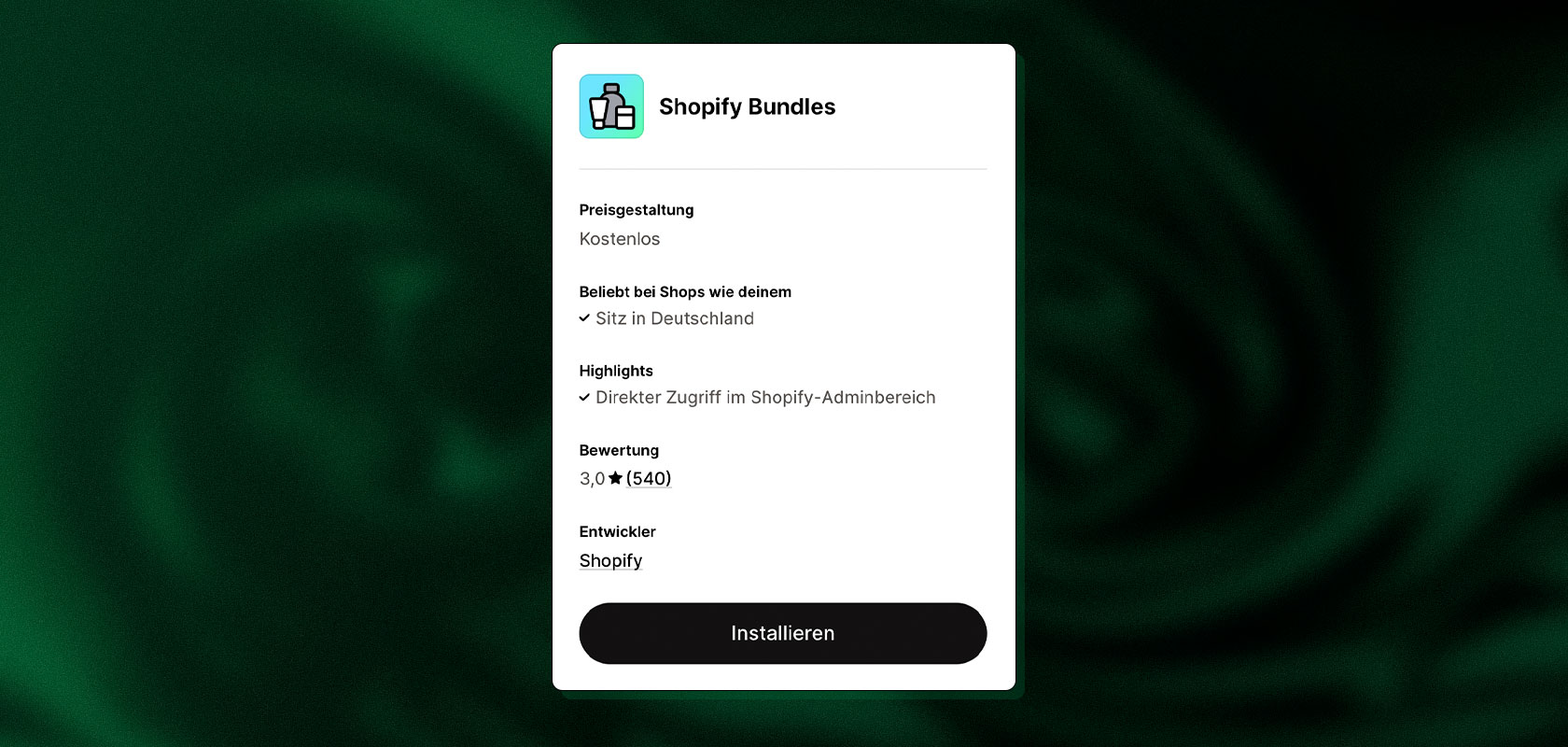 Shopify-App-Oberfläche mit Details zu „Shopify Bundles“, darunter Preis, Beliebtheit, Funktionen, Bewertung und eine Schaltfläche „Installieren“.
