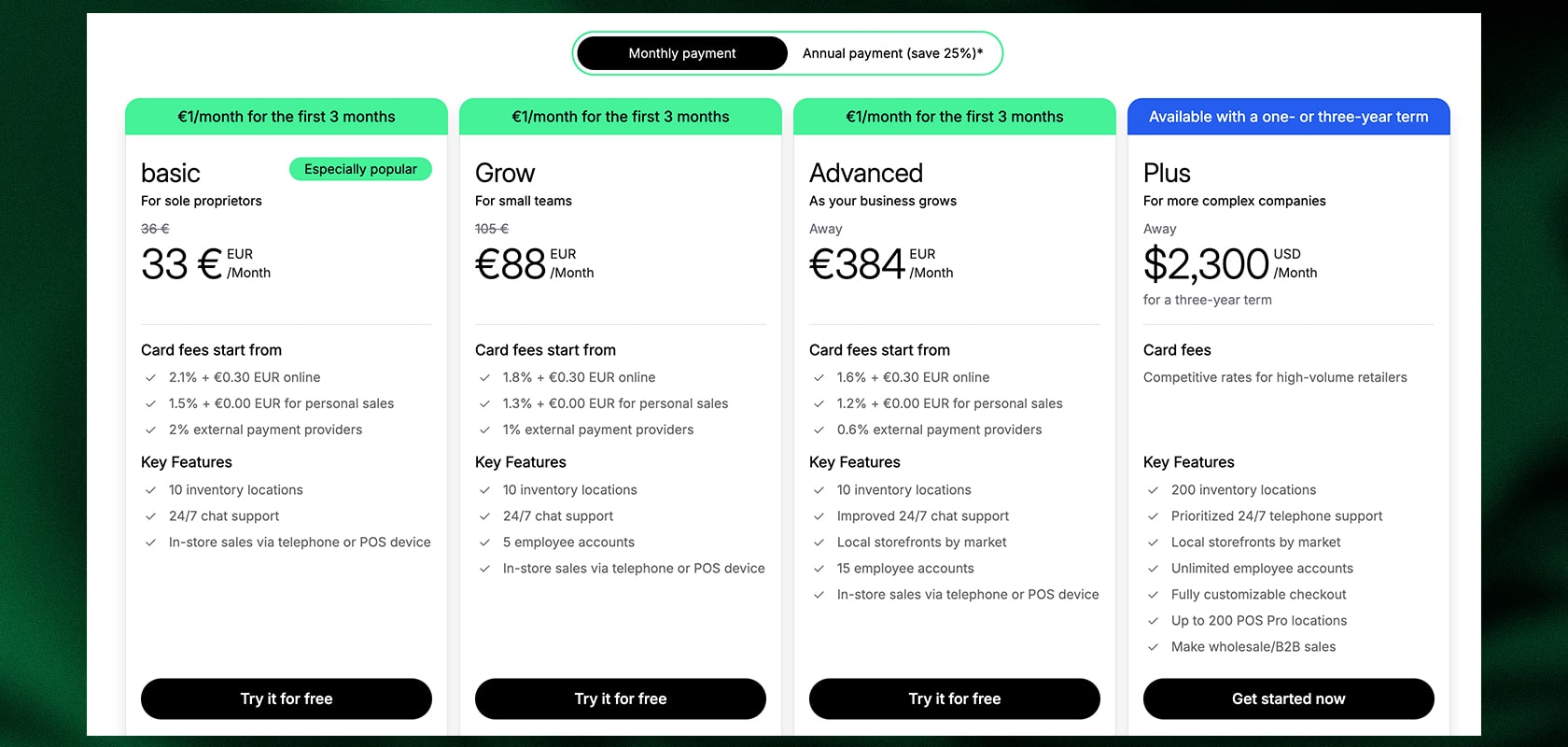 Website pricing table showing four plans—Basic €33, Grow €88, Advanced €384, Plus $2,300—with feature lists and call-to-action buttons.