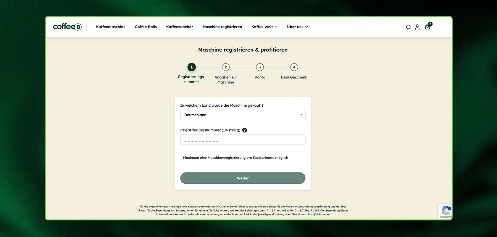 Webseite zur Registrierung von Kaffeemaschinen mit Feldern zur Länderauswahl, zur Eingabe der Registrierungsnummer und einer Schaltfläche zum Weitergehen.