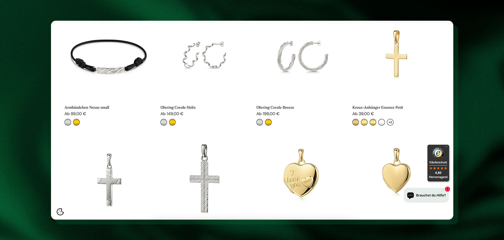 Eine Auswahl an Schmuckstücken, darunter Armbänder, Creolen, Kreuzanhänger und Herzanhänger aus Gold und Silber, die auf einer Website präsentiert werden.