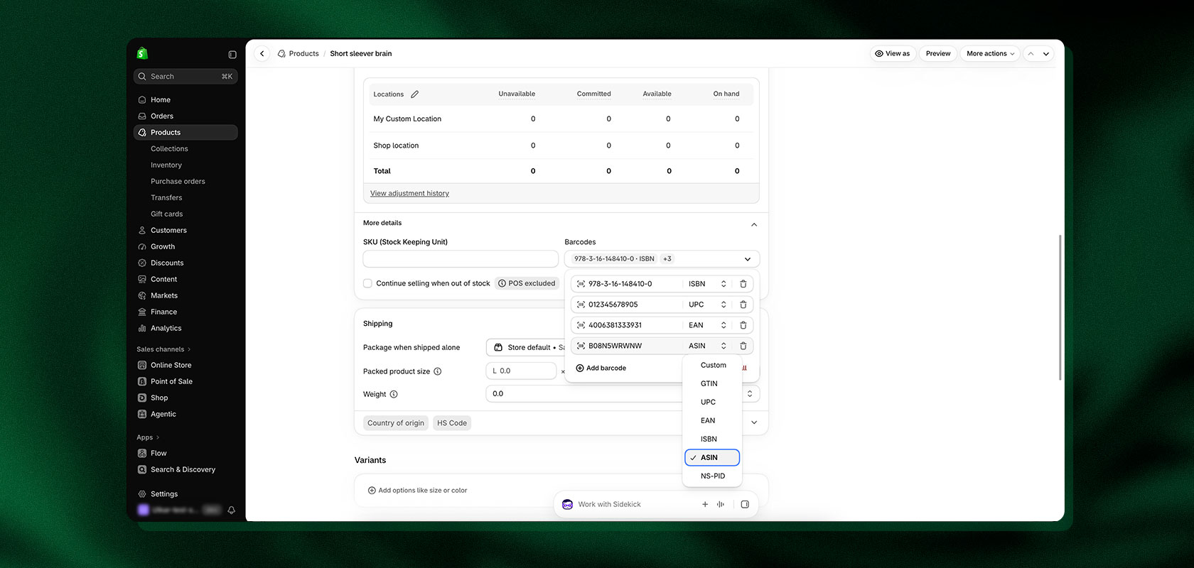 screenshot of shopify and the variants and sku's