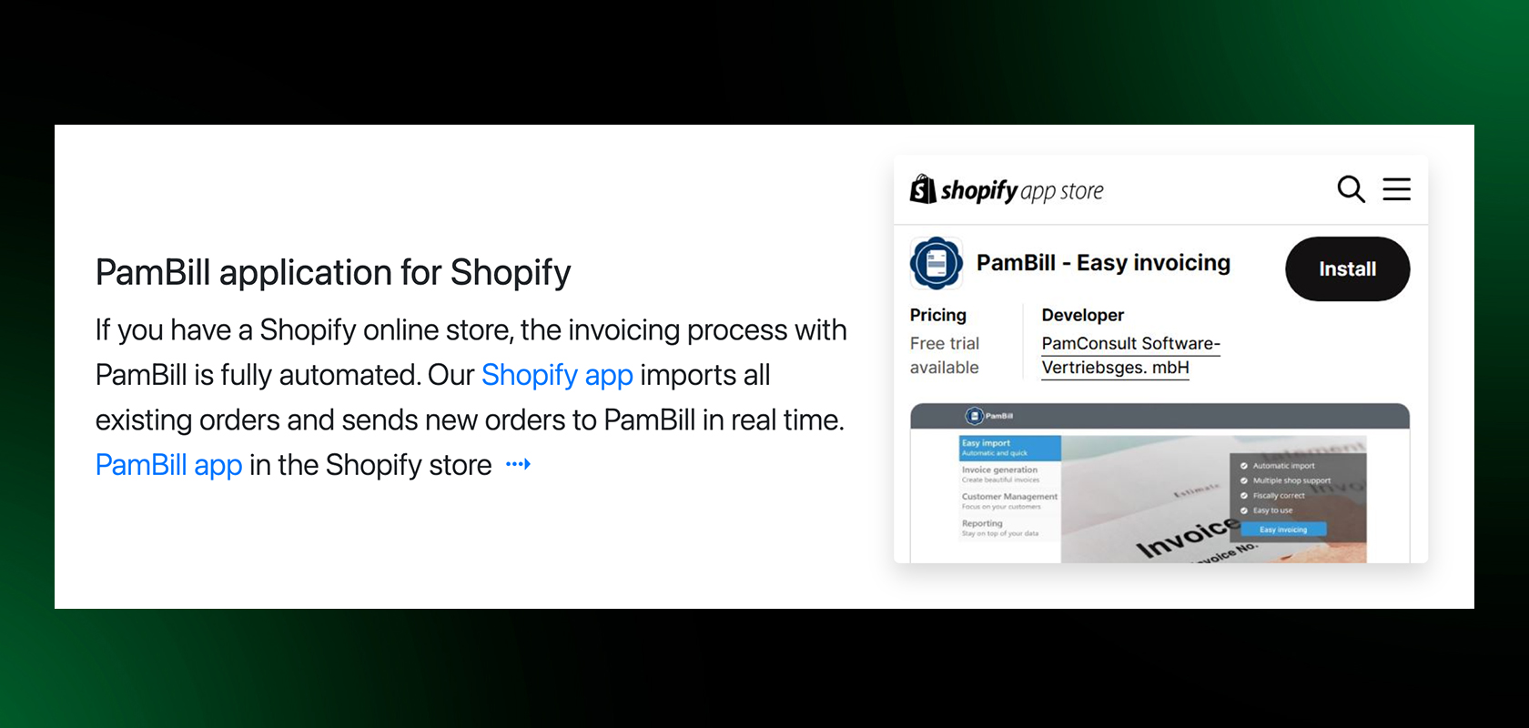 Shopify app store page for PamBill, featuring easy invoicing details and an install button, with text in German about its features.