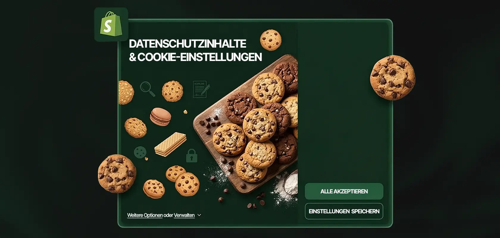 Verschiedene Kekse auf einem Tablett, umgeben von Keksen, Macarons und Symbolen. Text in deutscher Sprache über Cookie-Einstellungen auf grünem Hintergrund.