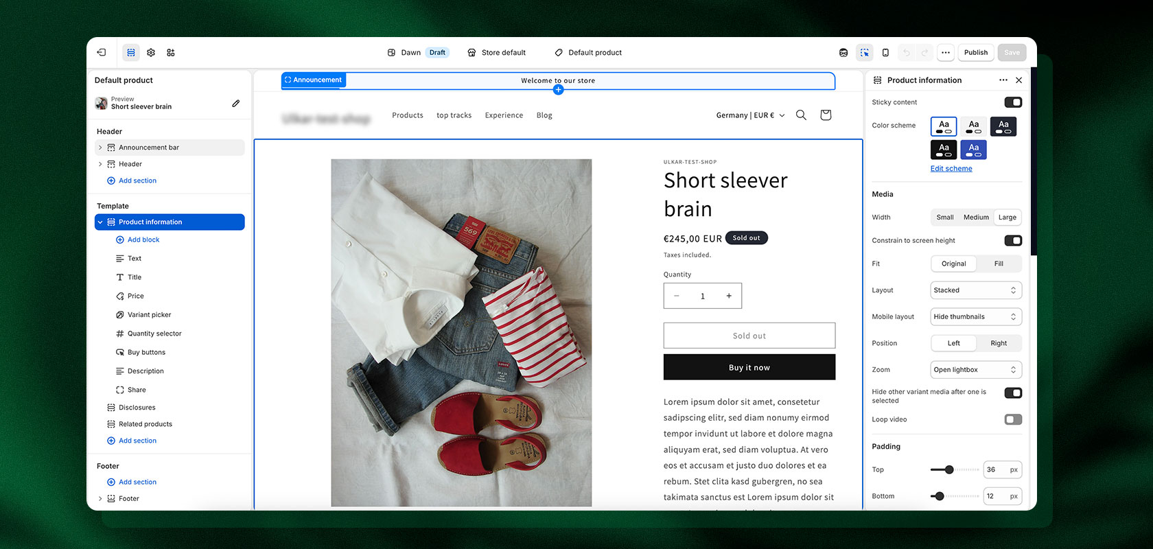 Website screenshot showing a clothing product page with a laid-out outfit featuring a hat, striped shirt, jeans, shoes, and a leather accessory.
