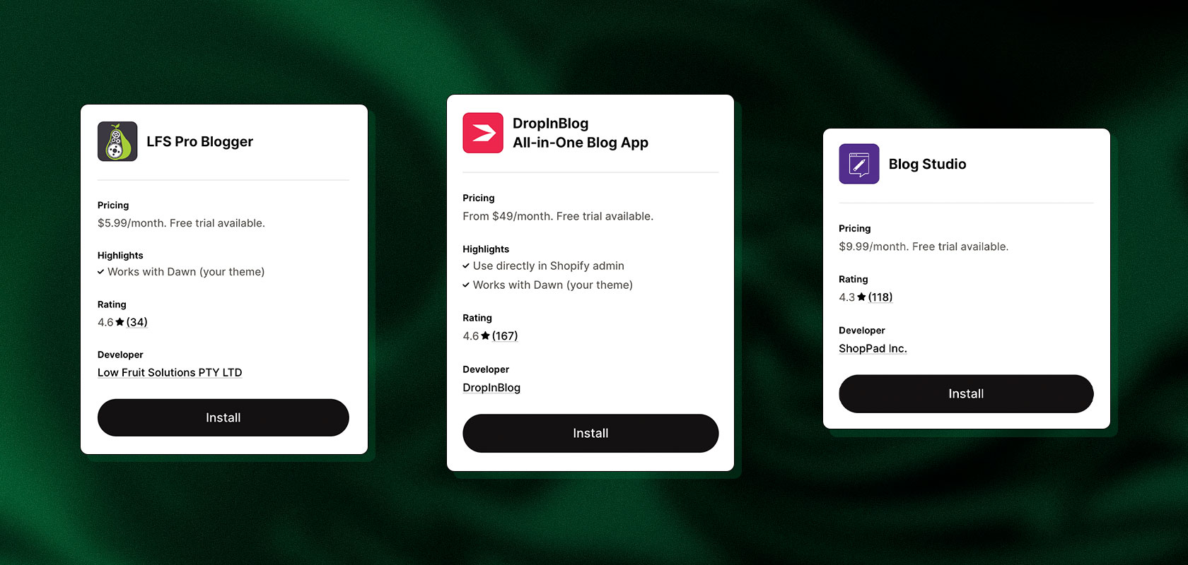 Three app cards on a green background, showing details for LFS Pro Blogger, DropInBlog, and Blog Studio, each with pricing and install buttons.