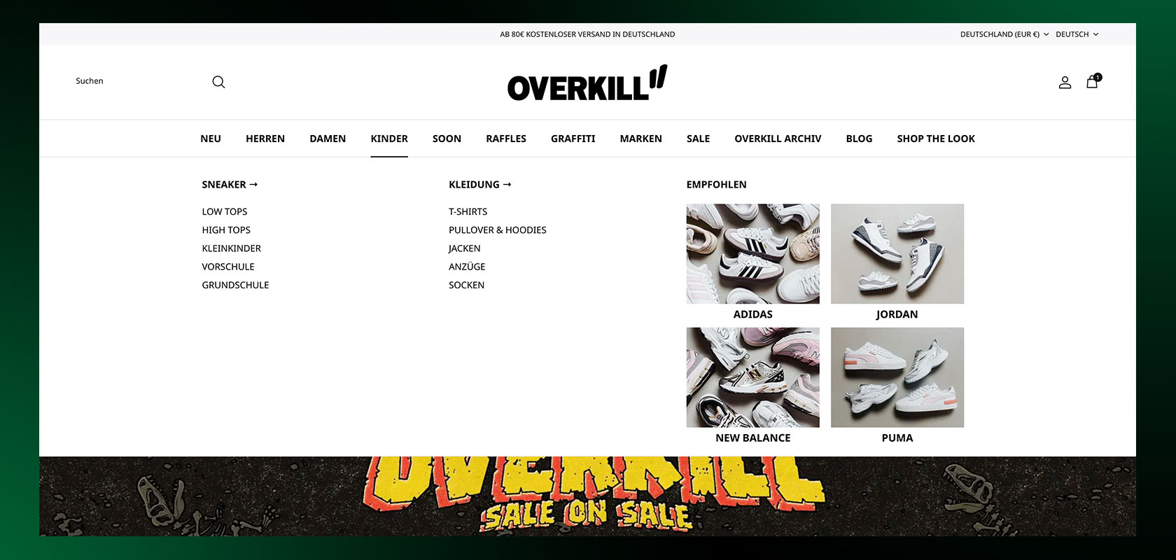 Website-Startseite mit einem Navigationsmenü mit Kategorien wie Sneakers und Kleidung sowie Bildern verschiedener Schuhmarken wie Adidas und Puma.
