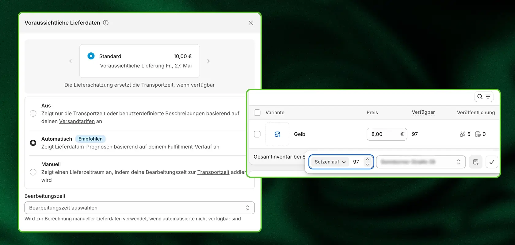 Screenshot einer Benutzeroberfläche für Lieferoptionen mit Optionen für Standardversand, Preis, Verfügbarkeit und Variantenauswahl.
