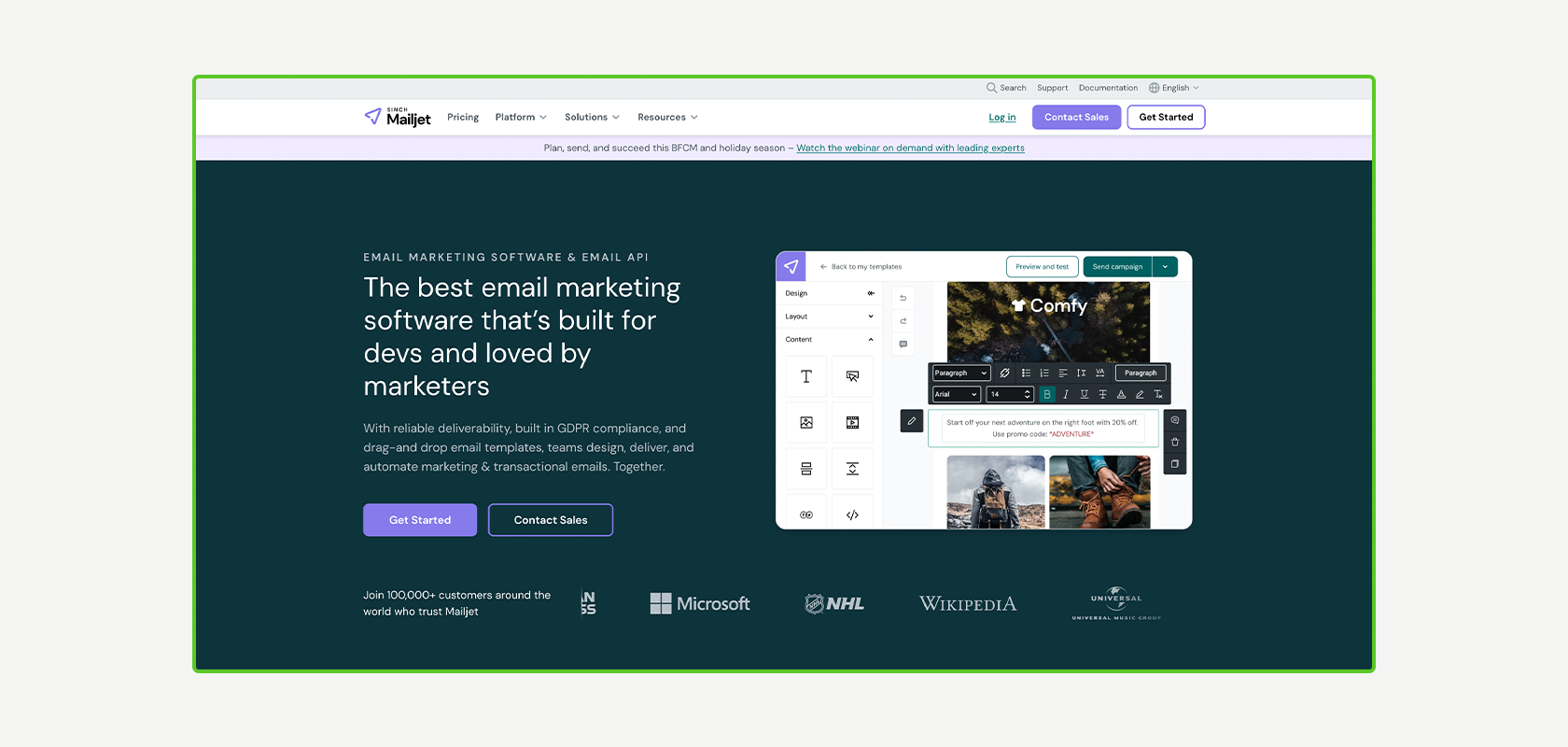 Homepage of an email marketing software with a dark design, central preview of the software interface, and various navigation options.