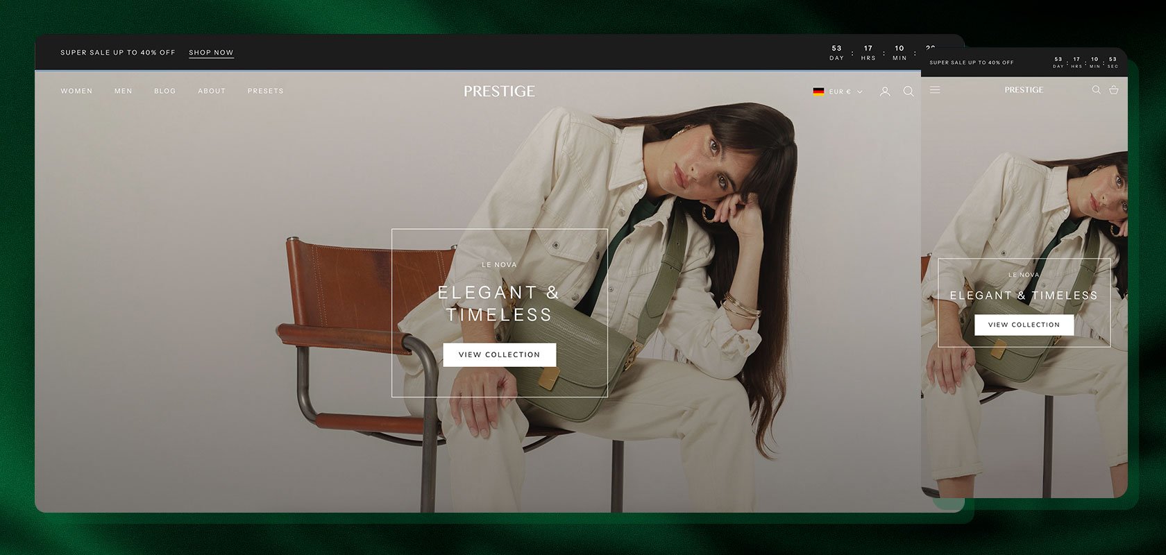 Mode-Website mit einem Model in einem weißen Outfit, das auf einem Stuhl sitzt und für die Le Nova-Kollektion „Elegant & Timeless“ wirbt.