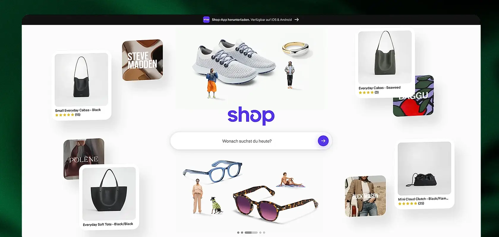 Benutzeroberfläche einer Online-Shopping-Website, auf der Schuhe, Taschen, Sonnenbrillen und Kleidungsstücke rund um eine zentrale Suchleiste mit der Aufschrift „Shop“ angezeigt werden.