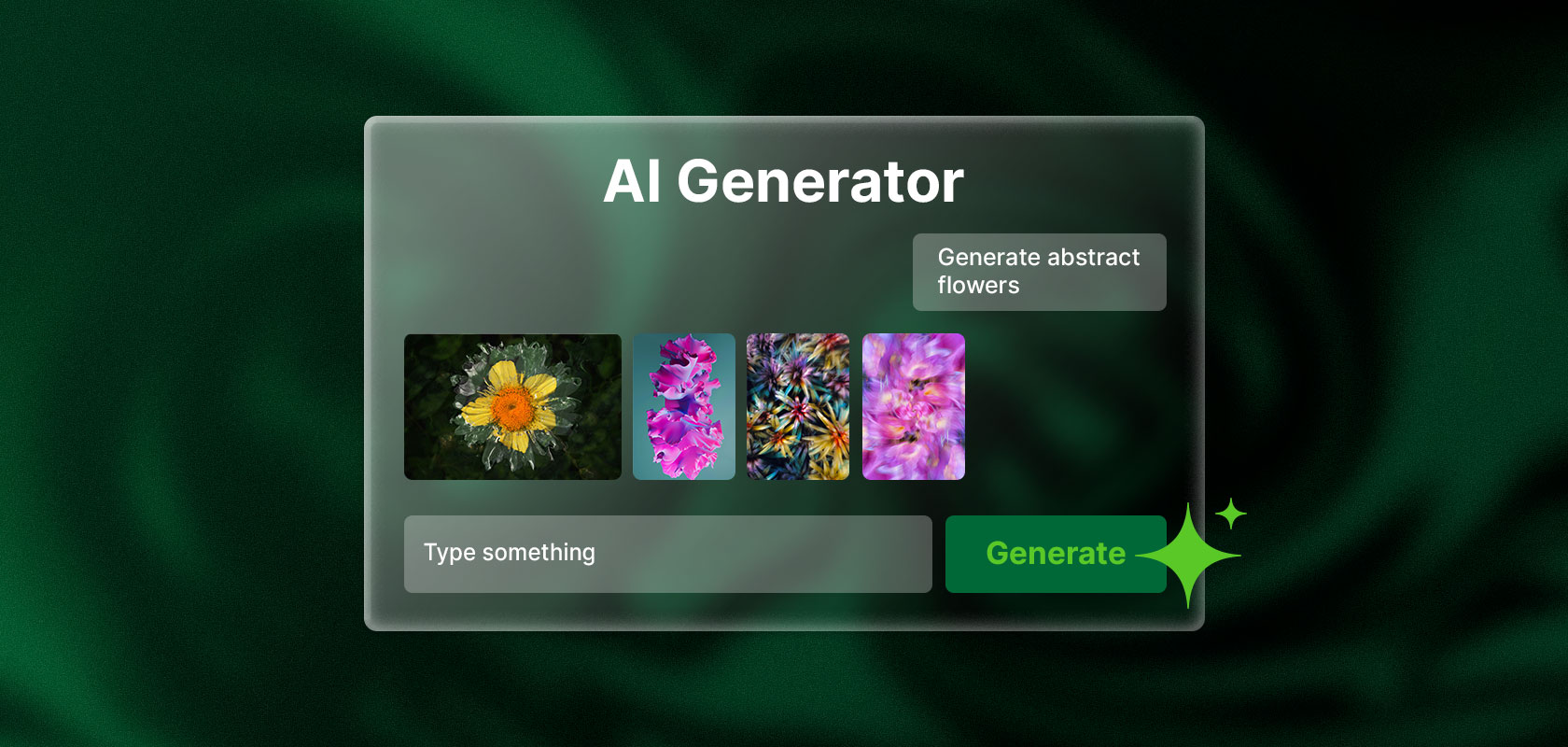 Interface of a KI-Generator app with options to generate abstract flowers. Includes a text input and a "Generate" button.