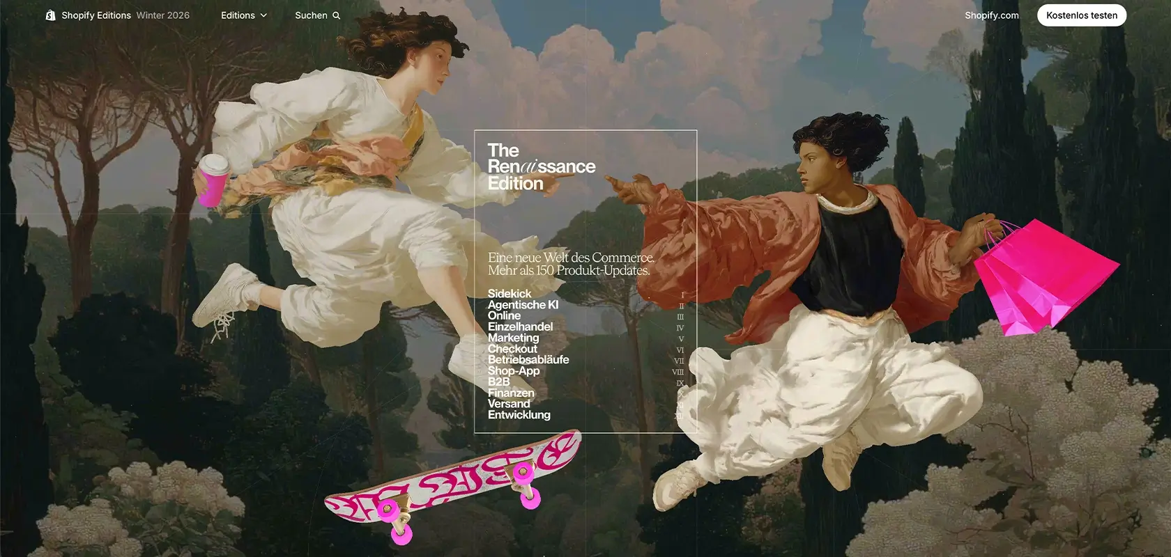 Two figures in Renaissance attire float mid-air, holding a pink skateboard and shopping bag, set against a classical landscape backdrop. Text overlay present.