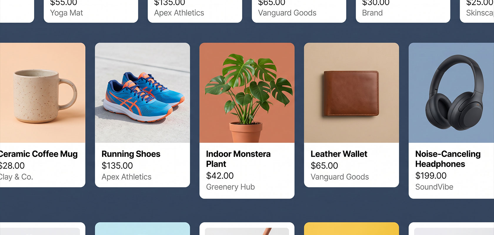 Rasterdarstellung verschiedener Produktkarten im Online-Shop, darunter Keramiktasse, Laufschuhe, Monstera-Pflanze, Ledergeldbörse und Kopfhörer.