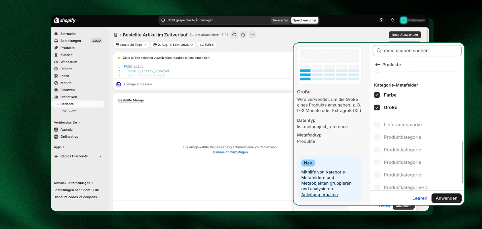 Screenshot der Shopify Analytics und der filterbaren Metafelder