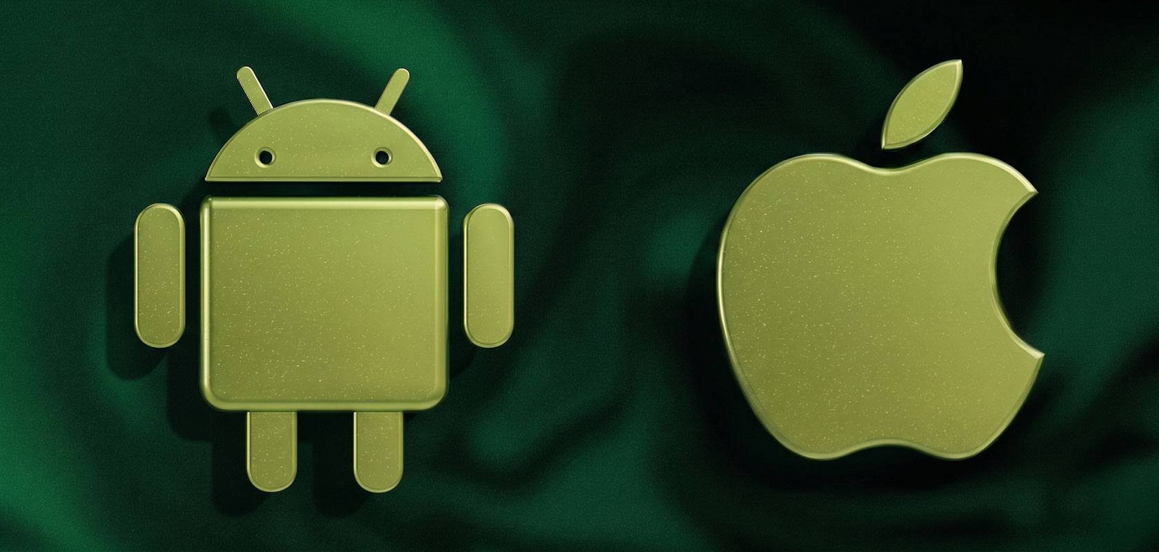 Goldene Android- und Apple-Logos auf dunkelgrünem Hintergrund.