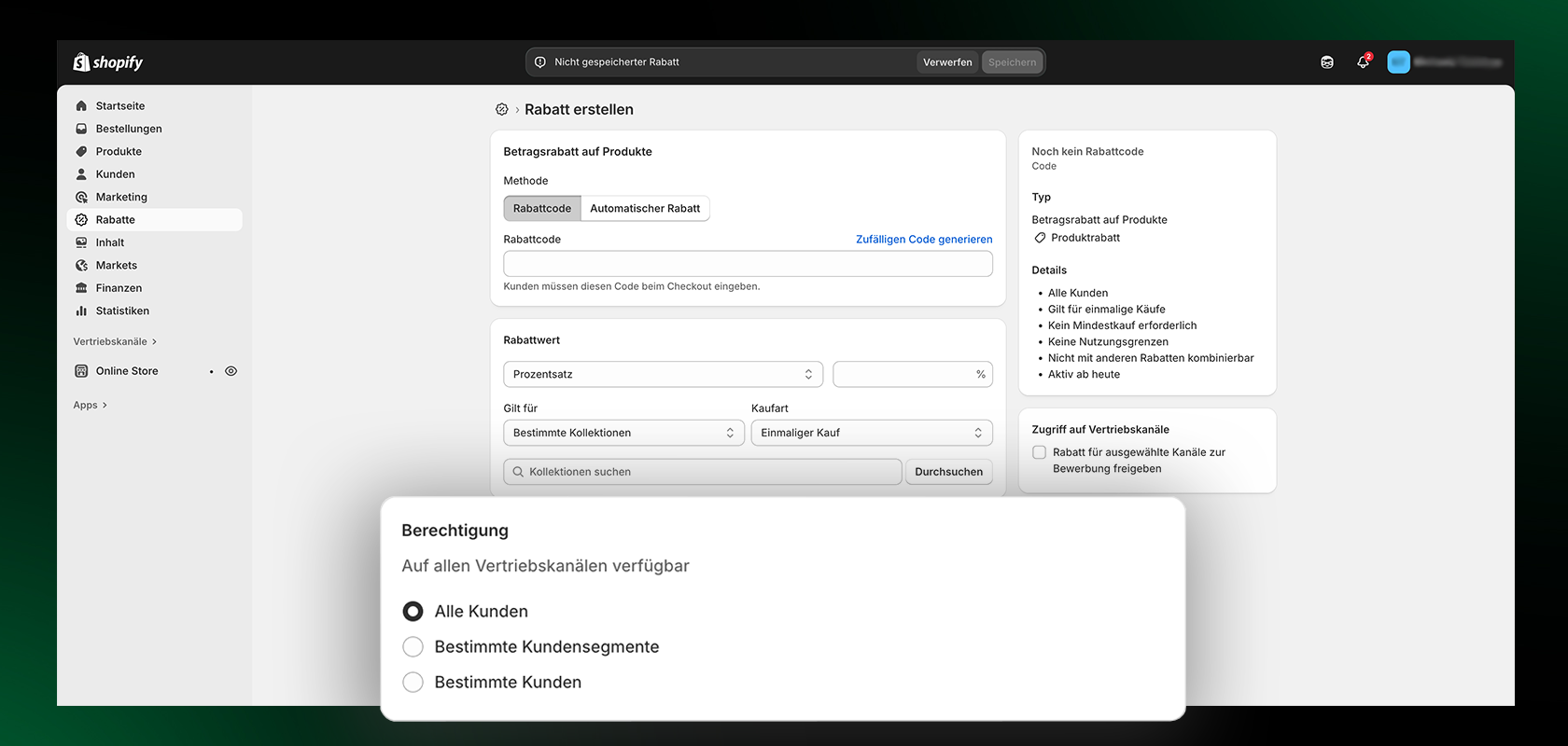 Ein Screenshot des Shopify Backends mit den personalierbaren Rabatten pro Kundensegment
