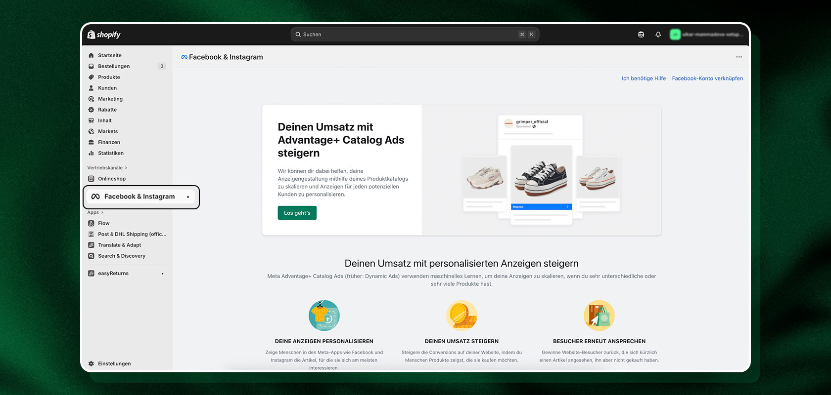 Shopify-Oberfläche mit Facebook- und Instagram-Anzeigeneinstellungen, hervorgehobenem Beispiel für eine Sneaker-Anzeige und Optionen für personalisierte Anzeigen und intelligentes Targeting.