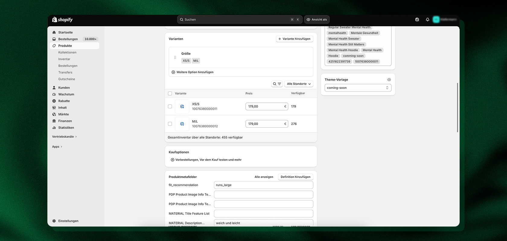 Shopify-Admin-Oberfläche mit Produktvarianten und Preisoptionen für die Kleidergrößen XS/S und M/L sowie einem Seitenmenü auf der linken Seite.