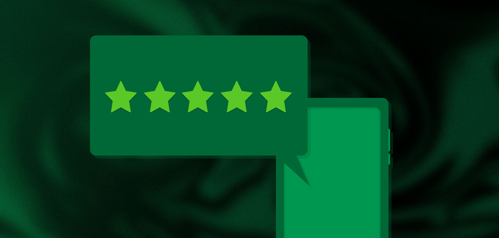 Grüne Sprechblase mit fünf Sternen über einer Smartphone-Silhouette auf einem dunklen, wirbelnden Hintergrund.