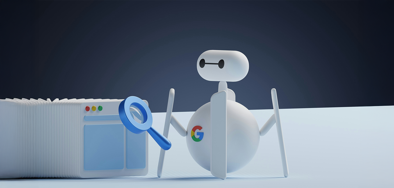 Ein Roboter mit einem Google-Logo untersucht ein Webbrowser-Fenster mit einer Lupe, was die Internetsuche oder -analyse symbolisiert.