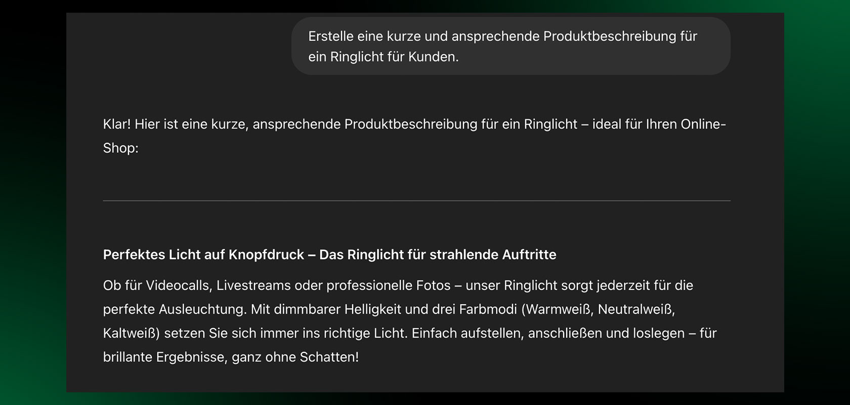 Text auf Deutsch über die Erstellung von Produktbeschreibungen für ein Ringlicht, in dem dessen Funktionen für Videoanrufe und Fotografie hervorgehoben werden.