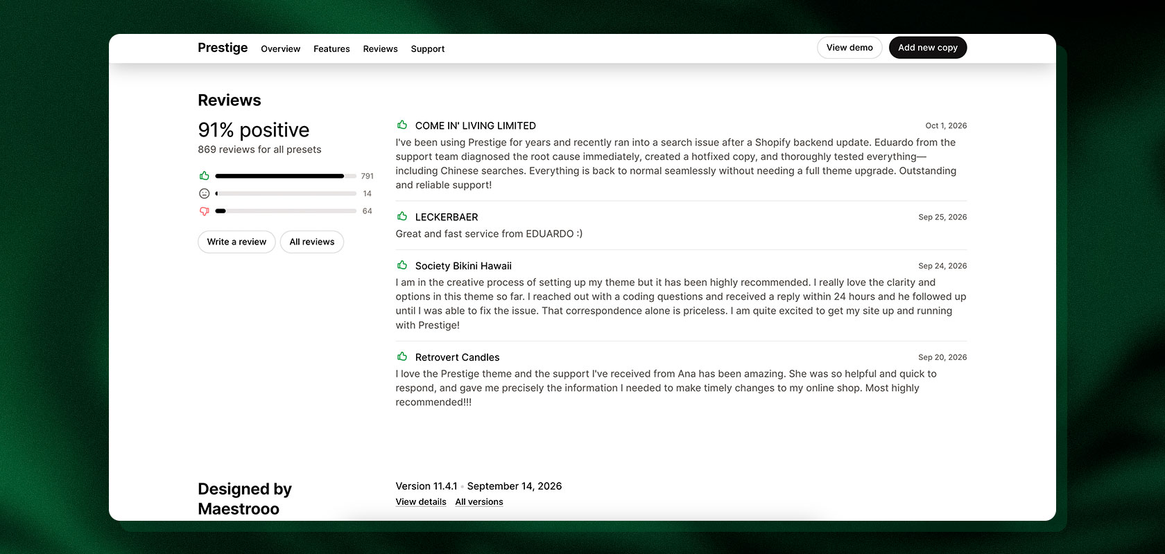 Review page for the Prestige theme, showing a 91% positive rating from 869 reviews. Includes user testimonials praising support and service.