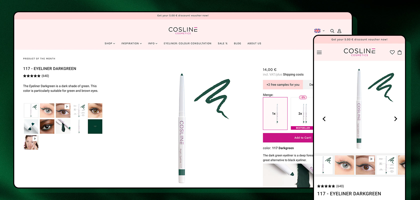 Website displaying a green eyeliner pencil with product images, price, and purchase options. The layout includes a desktop and mobile view.