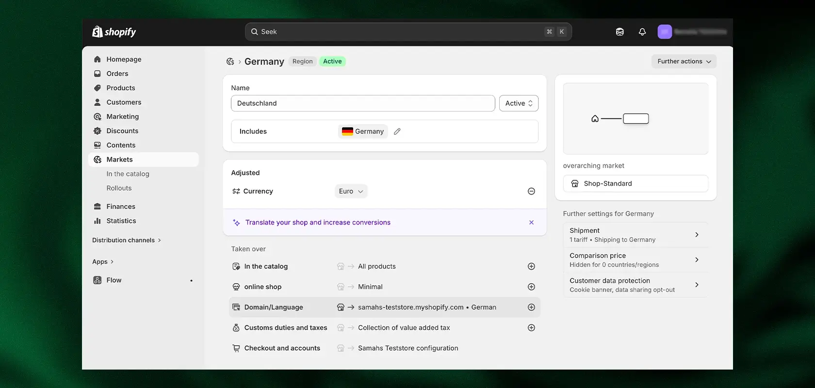 Shopify admin dashboard displaying market settings for Germany, including currency and language options, with menus on the left side.