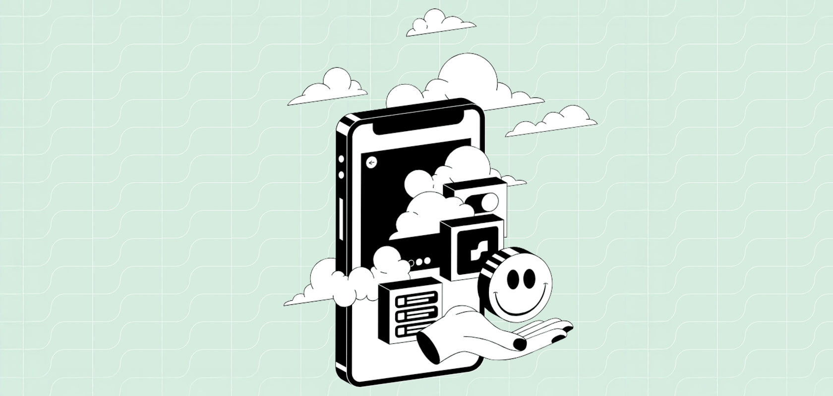 Digitale Smartphone-Illustration mit Symbolen und Wolken.