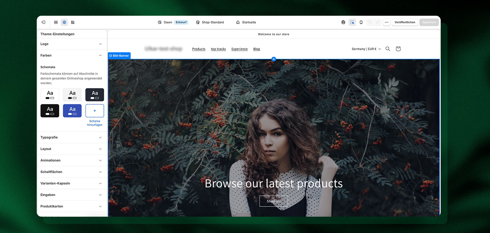 A user interface for a website editor that displays a background image of a woman surrounded by foliage, along with the text “Discover our latest products.”