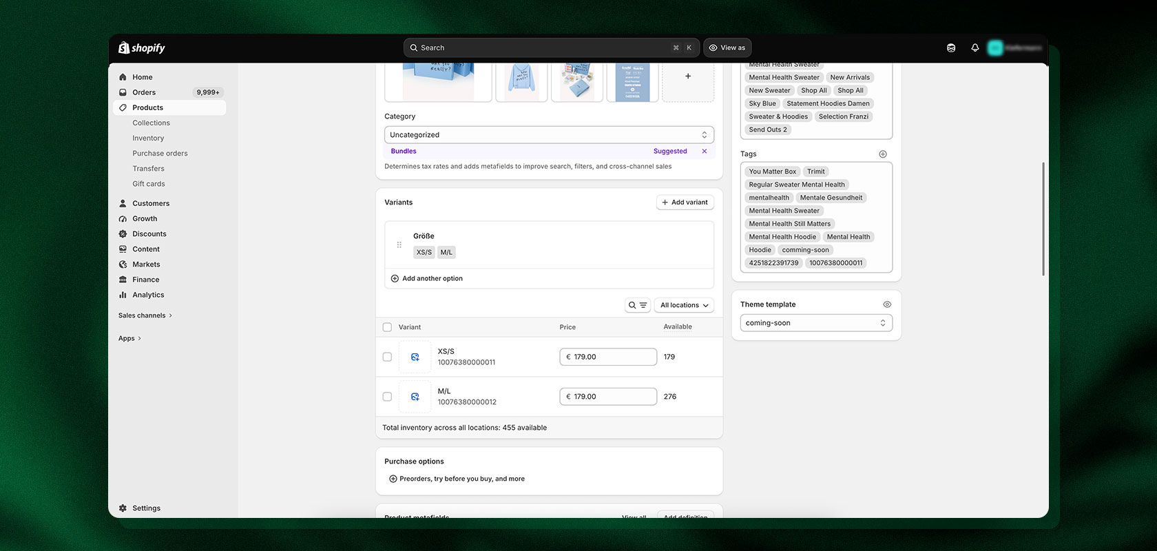 Shopify admin interface displaying product variants and pricing options for clothing sizes XS/S and M/L, with a sidebar menu on the left.