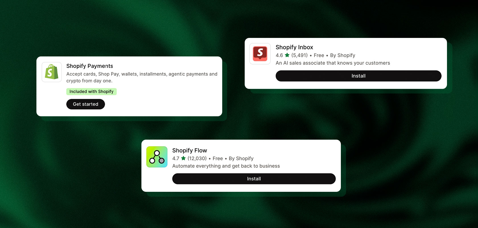 Three app cards with install buttons on a green background: Shopify Payments, Shopify Inbox, and Shopify Flow, each with descriptions in German.
