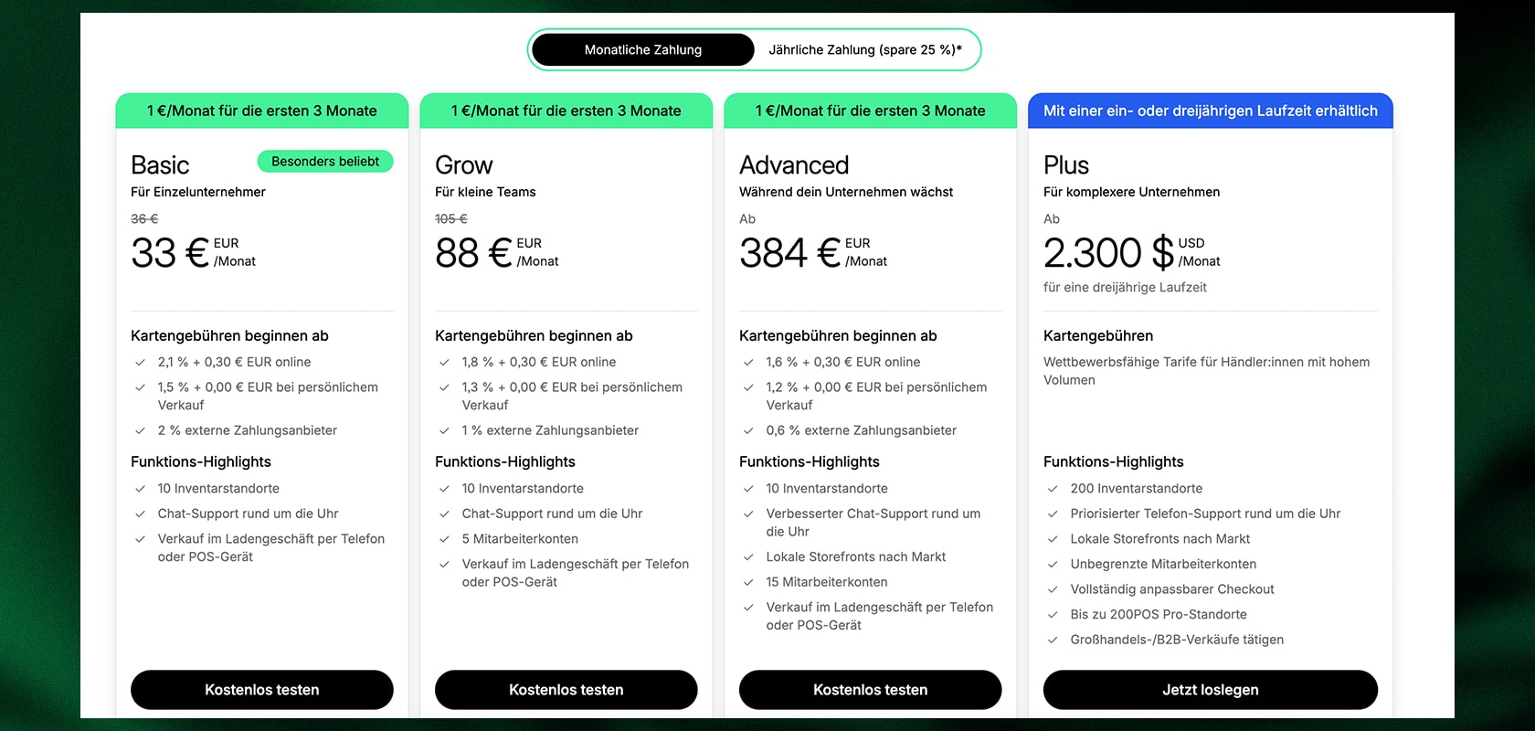 Website-Preistabelle mit vier Tarifen – Basic 33 €, Grow 88 €, Advanced 384 €, Plus 2.300 $ – mit Funktionslisten und Call-to-Action-Buttons.
