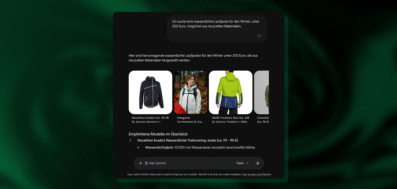 Screenshot der Gemini-Benutzeroberfläche mit einer Suchanfrage zu wasserdichten Laufjacken und passenden Produktempfehlungen mit Bildern und Text.