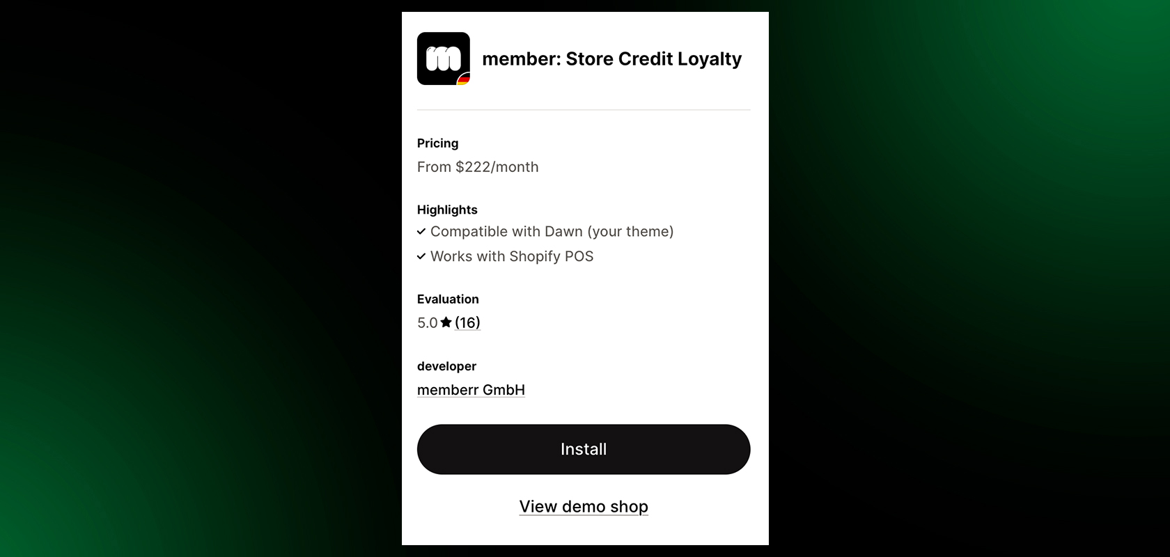 App interface showing "memberr: Store Credit Loyalty" with pricing, highlights, rating, developer info, and installation button.