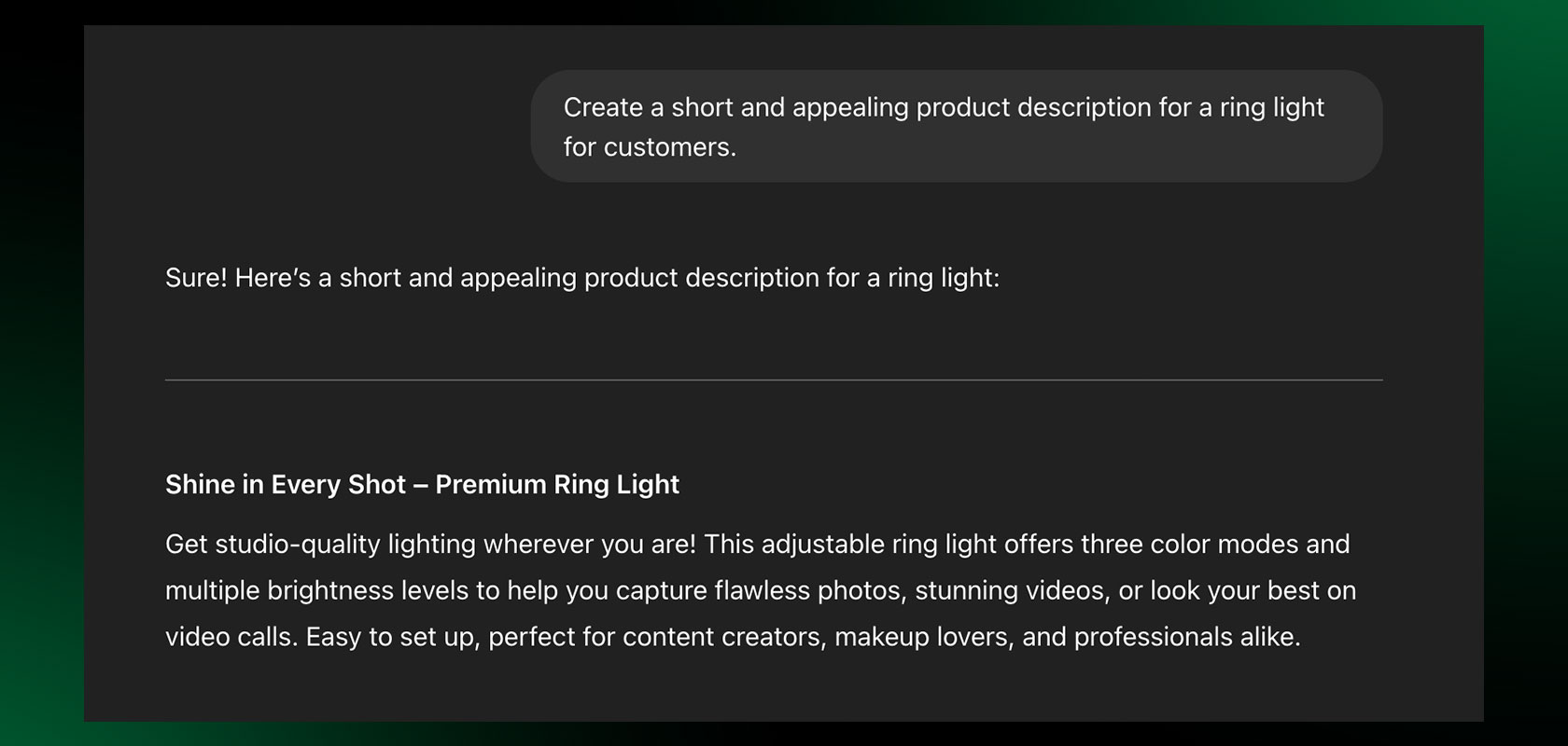 Text about creating product descriptions for a ring light, highlighting its features for video calls and photography.