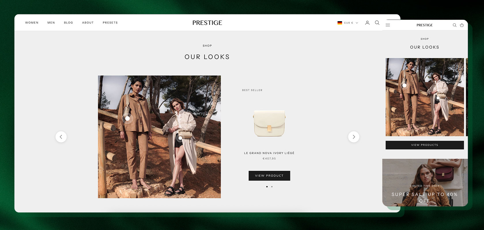 Seite einer Mode-Website mit einem Bereich namens „Unsere Looks“, auf der zwei Models in stilvollen Outfits, eine Handtasche und eine Werbeanzeige mit Rabatten von bis zu 40 % zu sehen sind.