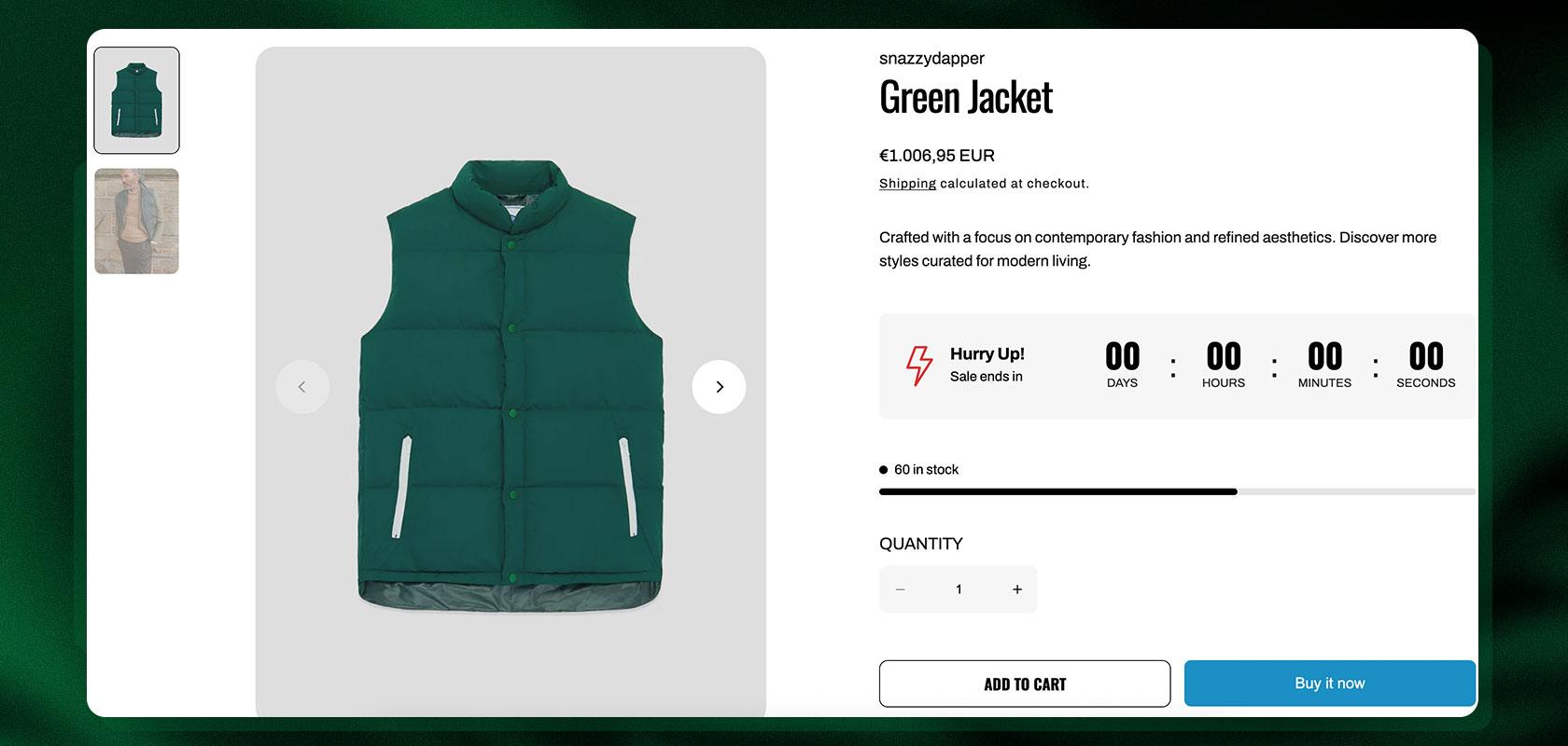 Online store page showing a green jacket, priced at €1,000. Features include add to cart and buy now options, with a notice of limited stock.