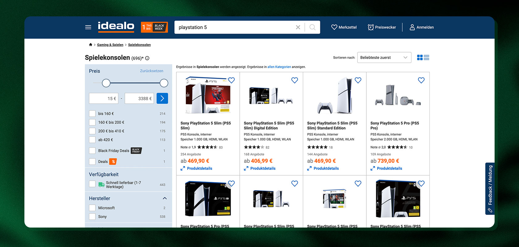 Screenshot of idealo.de search for ‘PlayStation 5�’ showing product listings, prices, and left filter panel.