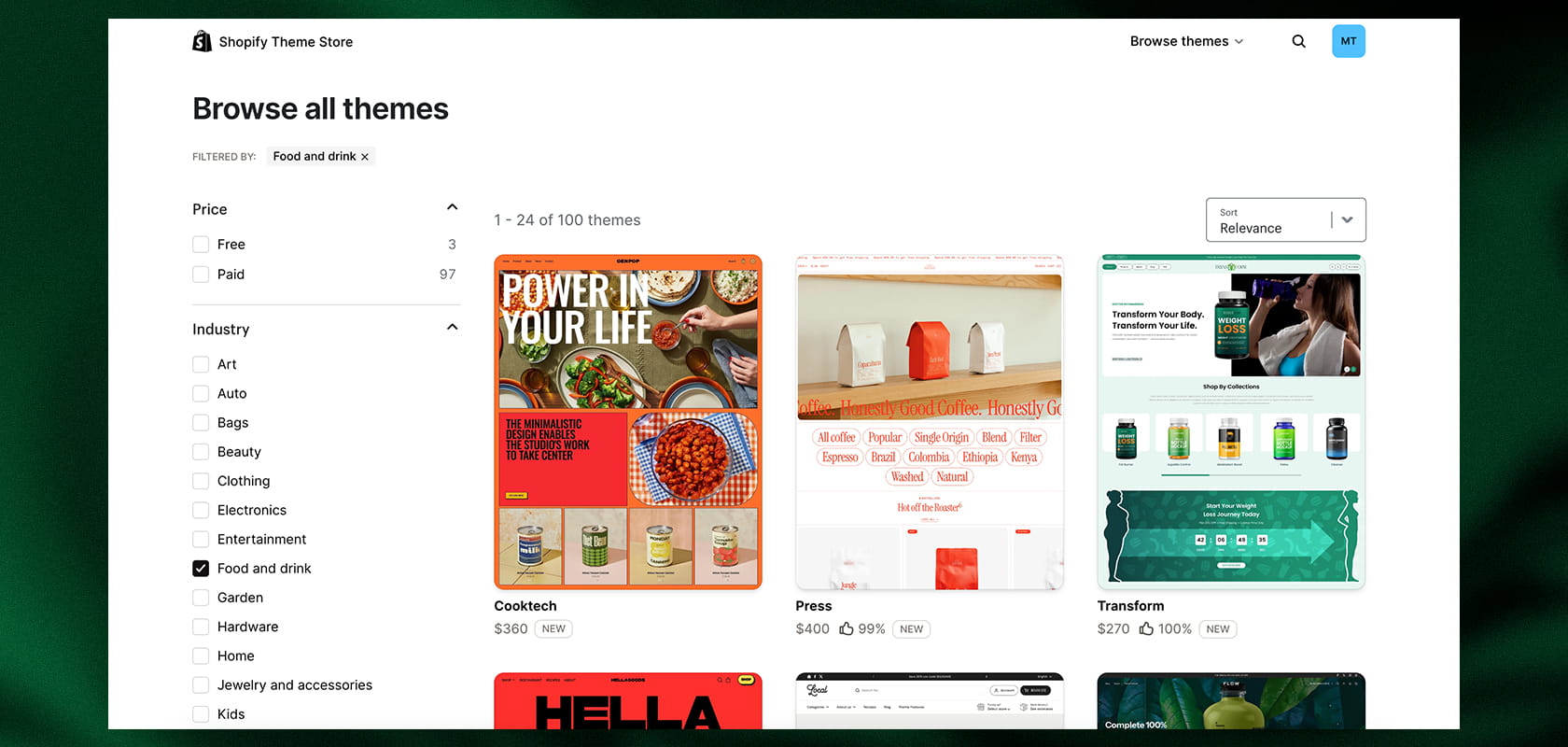 Screenshot einer Theme-Store-Webseite, auf der Themen rund um Essen und Trinken angezeigt werden. Linke Seitenleiste mit Filtern und Themen-Rasteransicht im Hauptbereich.