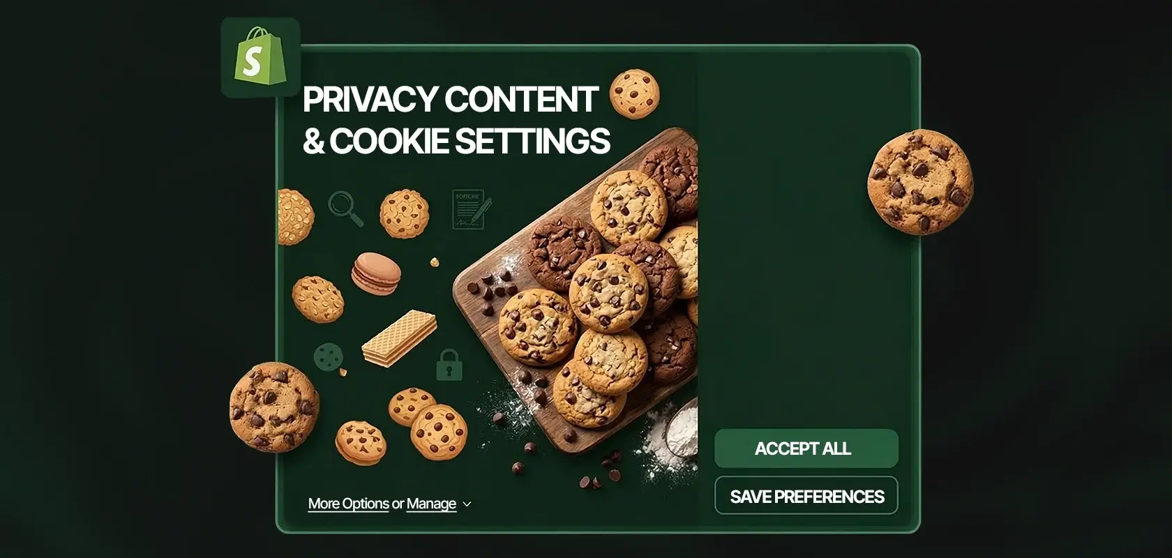 Assorted cookies displayed on a tray with surrounding cookies, macarons, and icons. Text in German about cookie settings on a green background.