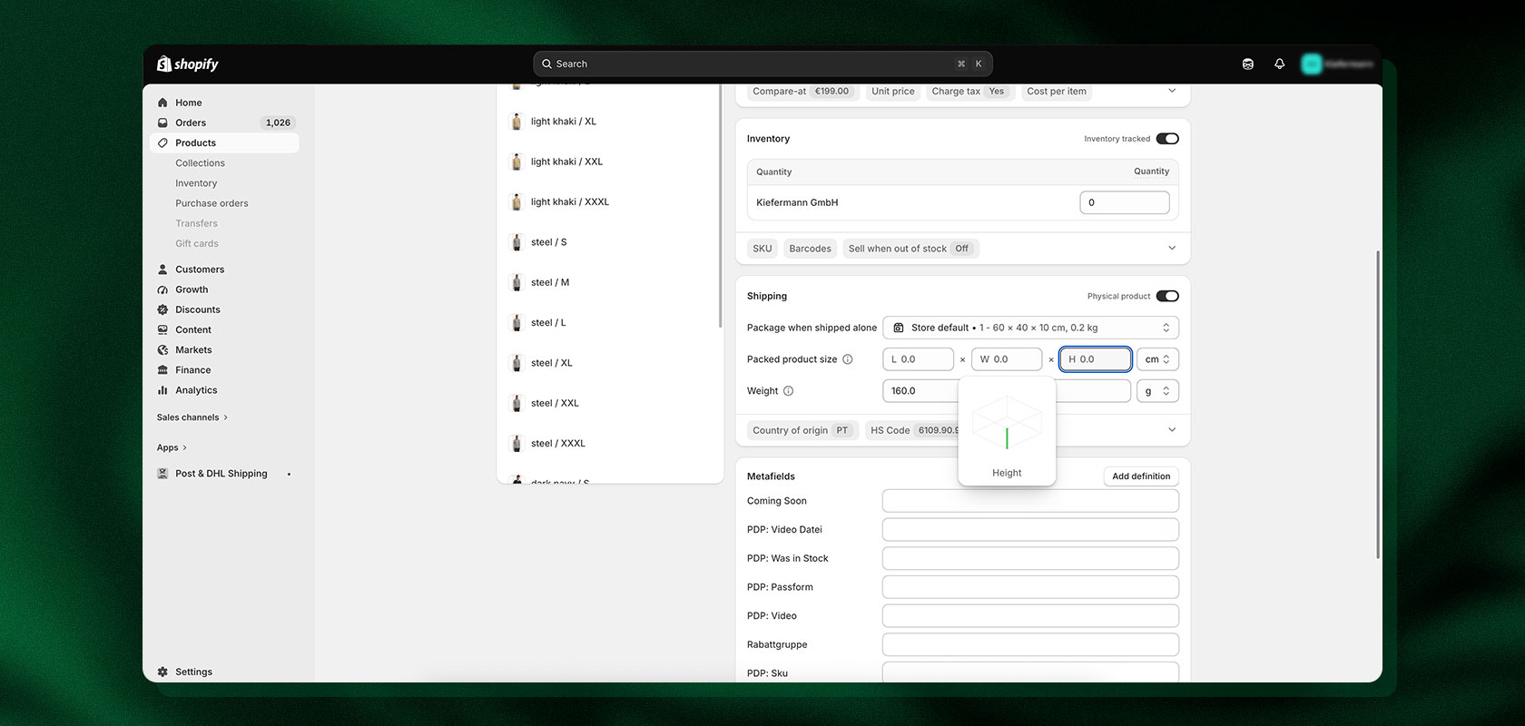 Shopify inventory management screen with options for product variants, shipping details, and metafields, displayed in German.