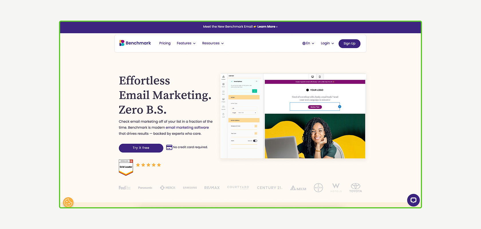 Website homepage promoting email marketing services, featuring a call-to-action button and design AI features.