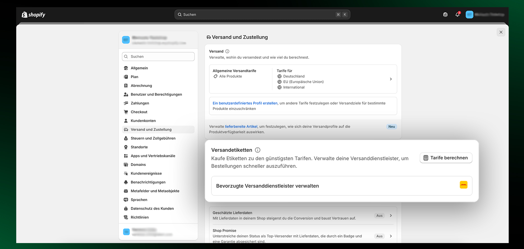 Ein Screenshot vom Shopify Admin, der die DHL Integration zeigt