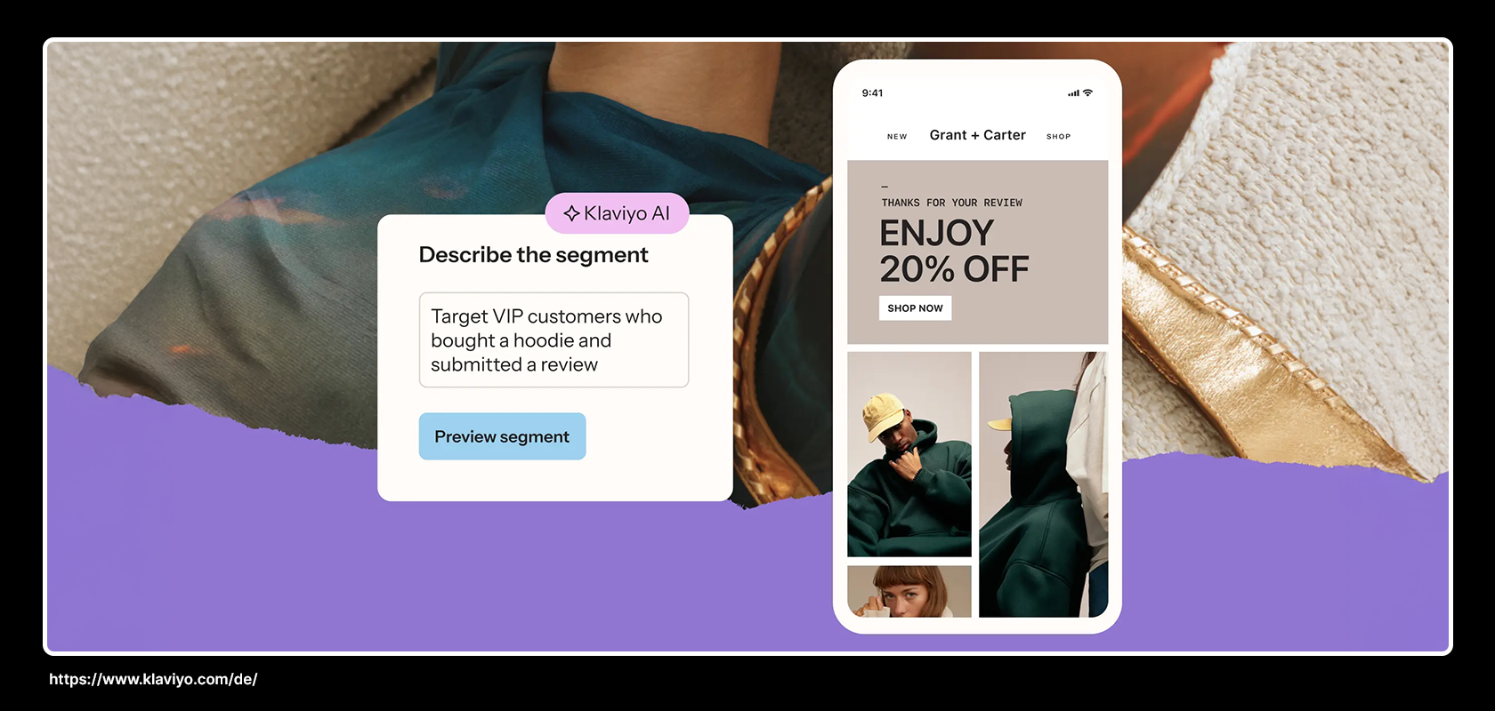 Eine digitale Schnittstelle mit einer Segmentbeschreibung für die Ansprache von VIP-Kunden sowie ein mobiler Bildschirm mit einem Angebot von 20 % Rabatt und Bildern von Kleidungsstücken.
