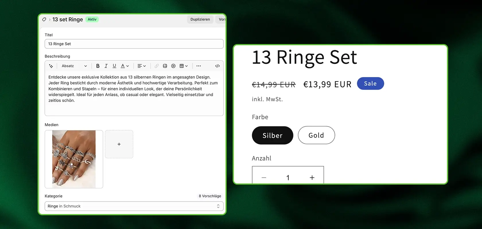 Produktseite für ein „13-teiliges Ring-Set“ in Silber und Gold zum Preis von 13,99 €, einschließlich eines Bildes der Ringe an einer Hand.