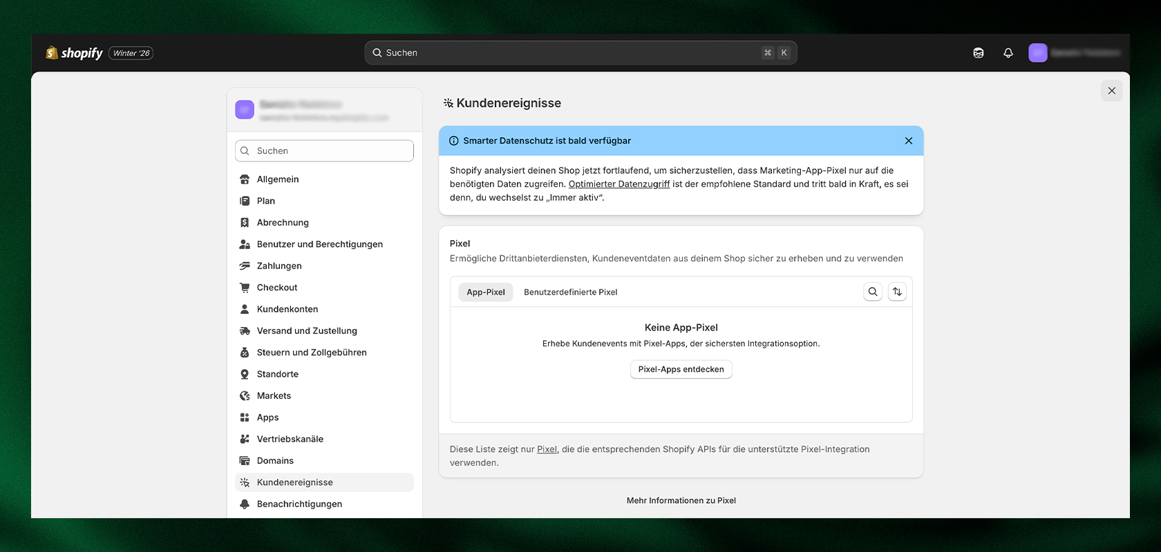 Shopify-Einstellungsinterface mit einer Benachrichtigung zu den Datenschutz-Einstellungen und einem Seitenleistenmenü auf der linken Seite in deutscher Sprache.