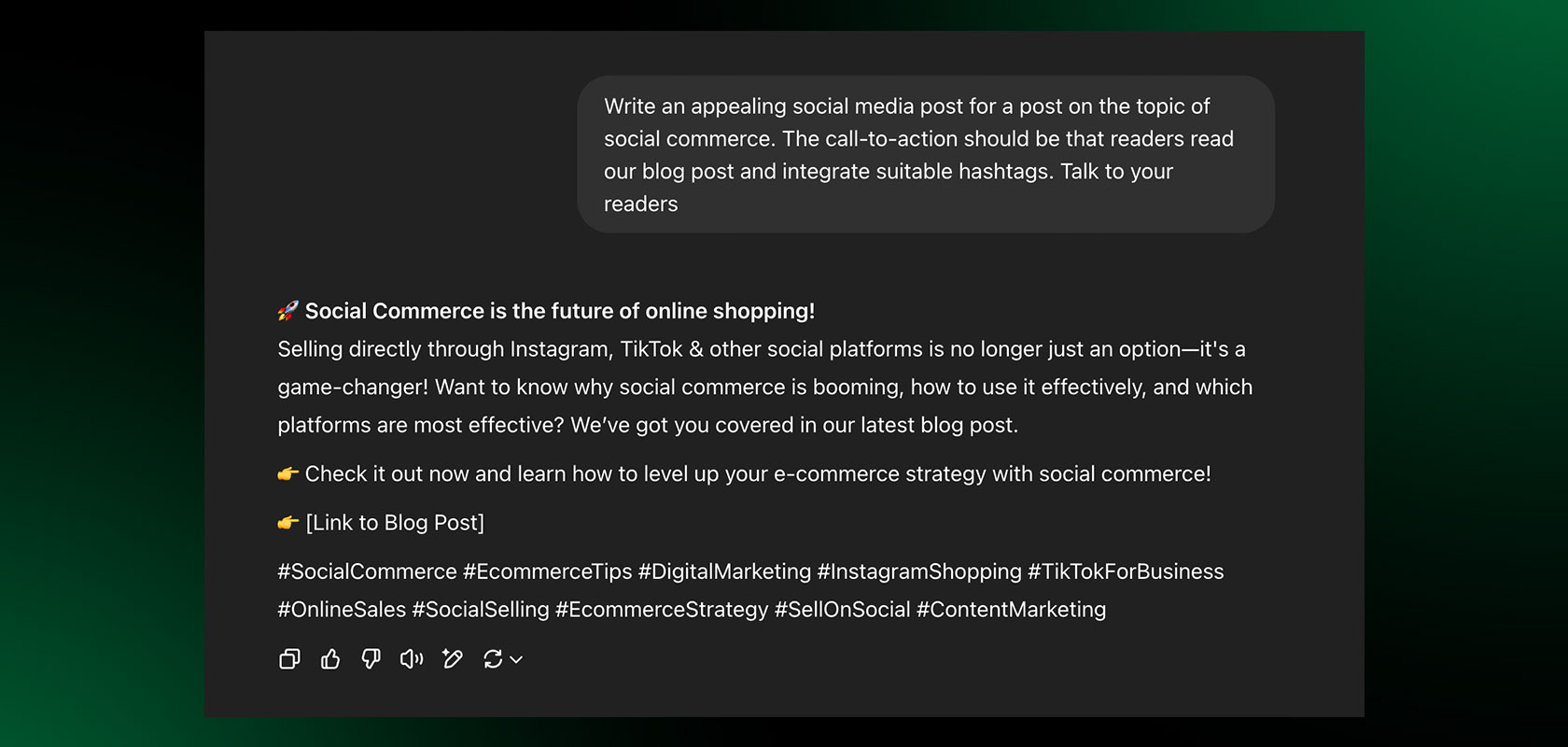 A screenshot of a social media post about social commerce, including hashtags and a call-to-action for blog readers.