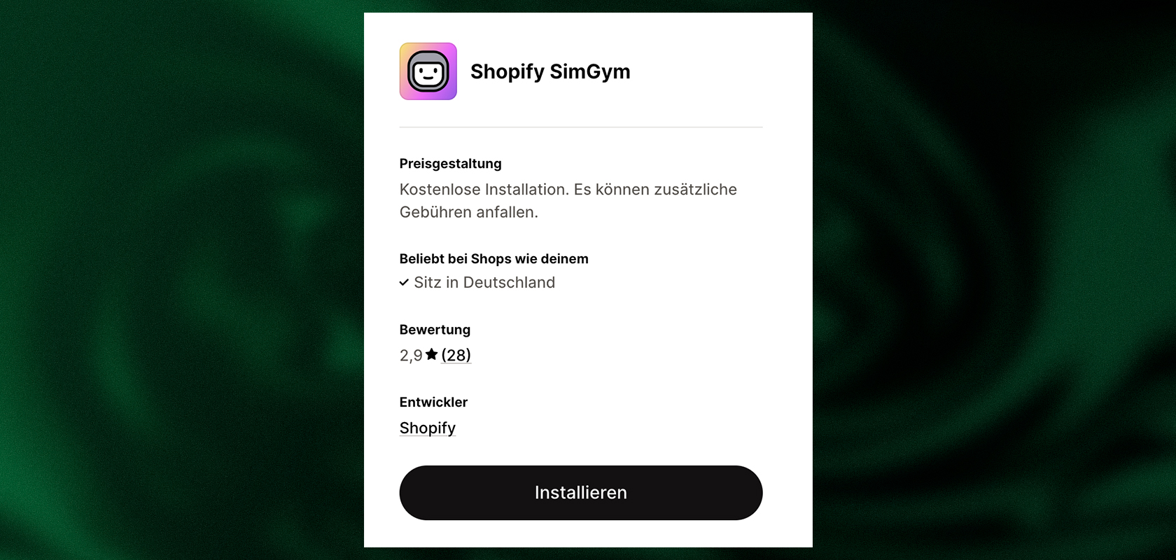 App installation screen for “Shopify SimGym,” showing information about the free installation, a 2.9-star rating, and a black “Install” button.